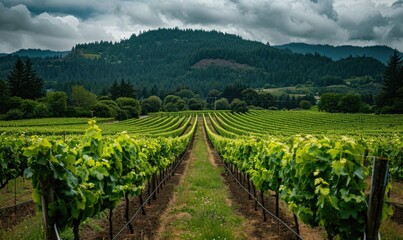 Fototapeta premium Vineyard with lush green grapevines and a mountain backdrop