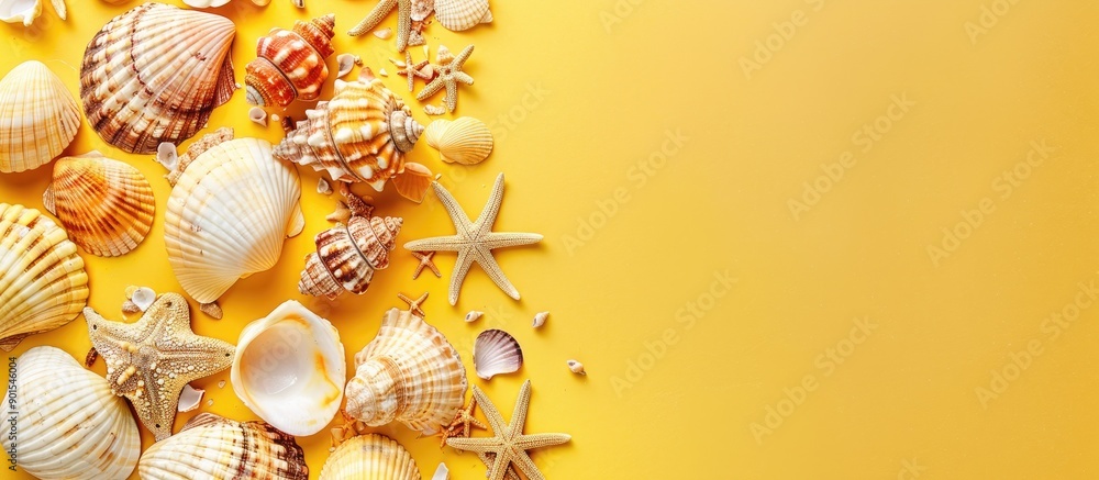 Poster top view of seashells on a yellow background with copy space image.