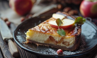 Apple and caramel cheesecake on a rustic table