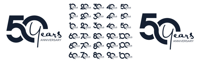 collection anniversary 10 to 100 year logo designs. abstract number for celebration event, wedding, greeting card, and invitation, vector illustration