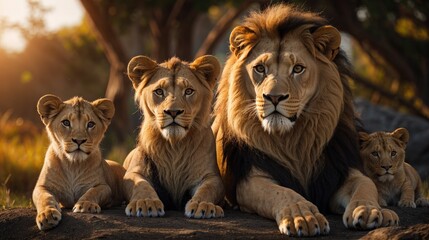A majestic lion family resting together in the wild, showcasing the bond and strength of these magnificent creatures at sunset.