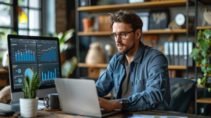 Fototapeta premium Young Professional Working on Laptop Surrounded by Data Analytics in Modern Office. Generative AI