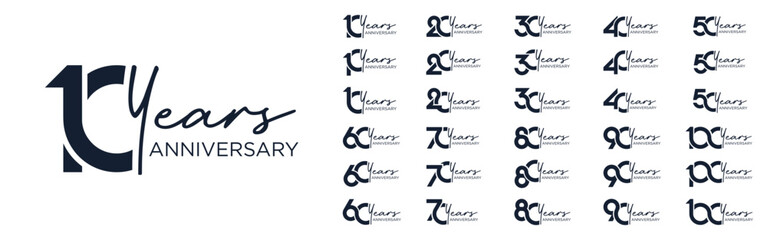 collection anniversary 10 to 100 year logo designs. abstract number for celebration event, wedding, greeting card, and invitation, vector illustration