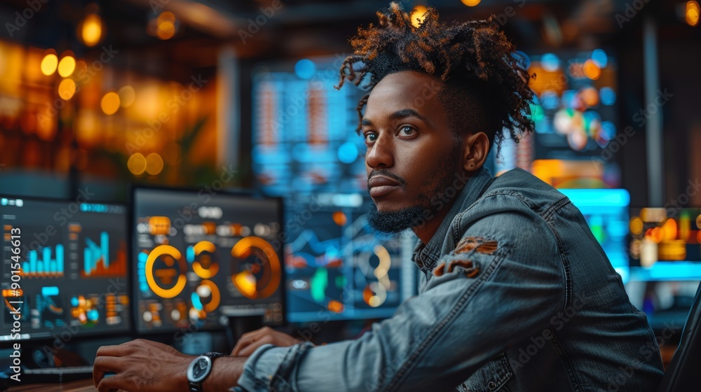 Poster creative young man analyzing data surrounded by colorful screens in modern workspace. generative ai