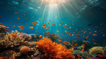Obraz premium Coral Reefs : Vibrant underwater shots of coral reefs teeming with life, underscoring the importance of preserving marine biodiversity