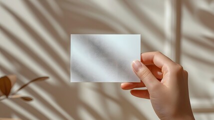 Obraz premium Hand holding blank white card, minimalist composition, beige background, close-up shot, clean and simple design, studio lighting.