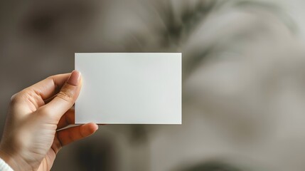 Obraz premium Hand holding blank white card, minimalist composition, beige background, close-up shot, clean and simple design, studio lighting.