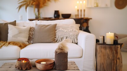 Modern Boho Interior of Cozy Living Room with Candles and Rustic Decor