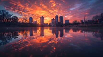 Fototapeta premium Little Rock skyline, early morning light, calm river reflection, urban cityscape, golden sunrise, pastel sky, skyscrapers, modern architecture, waterfront view.