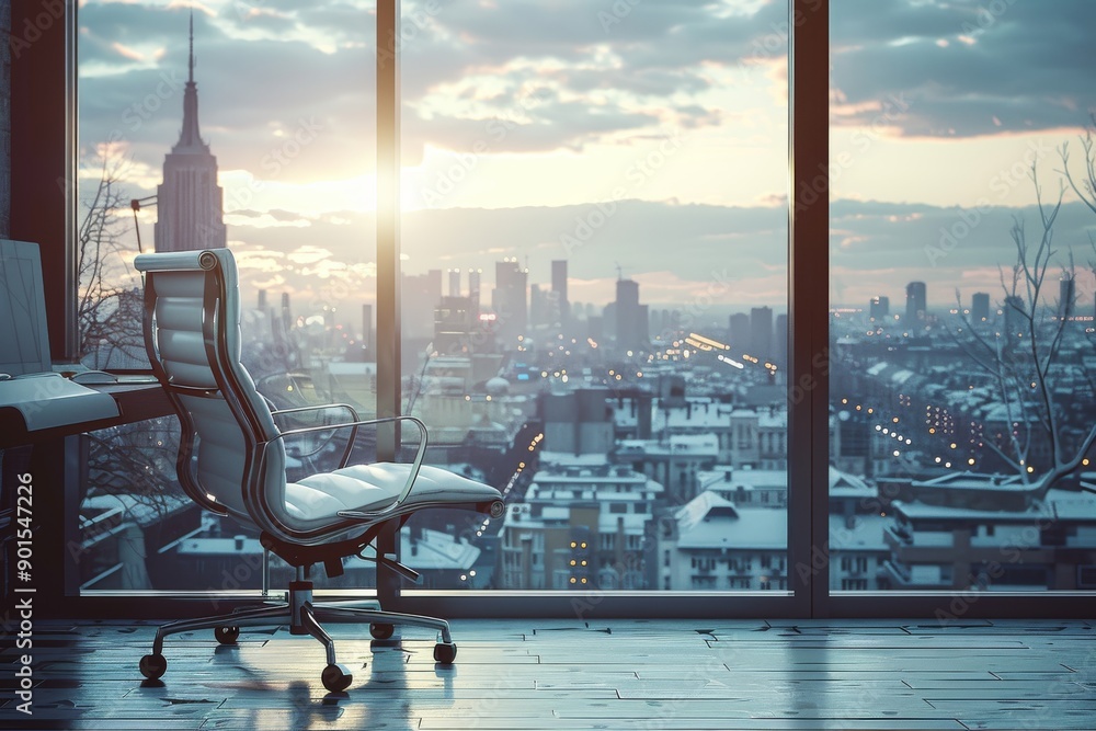 Poster modern office with panoramic city views and a comfortable seating area creating an inspiring and pro