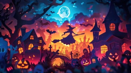 Origami Paper Town with Witch Flying Over Graveyard

