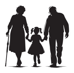 grandparents walking with granddaughter Silhouette  vector Illustration icon