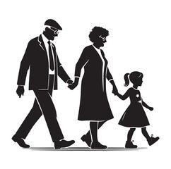 grandparents walking with granddaughter Silhouette  vector Illustration icon