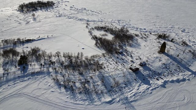 Aerial view of Tasku island in Raahe at winter time.