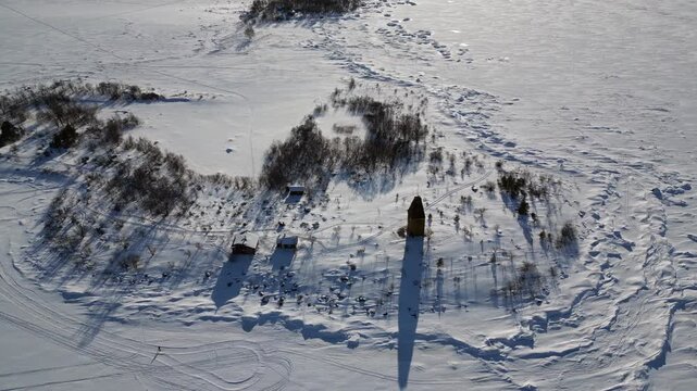 Aerial view of Tasku island in Raahe at winter time.