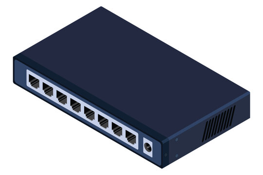 Isometric switch. Networking ethernet switch. Realistic isometric switch. Network technology. Vector illustration