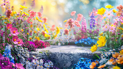 Natural Beauty Empty Podium with Spring Flower Backdrop for Advertising and Presentation