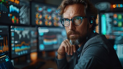 Focused Analyst Analyzes Complex Data Trends in Modern Workspace Late at Night. Generative AI