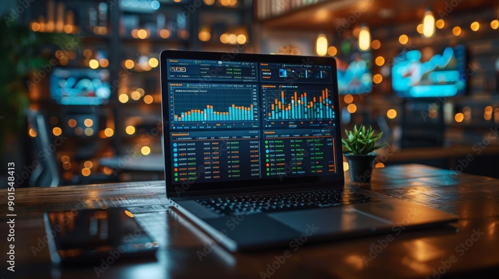 Poster analyzing financial data with modern technology in a cozy workspace during evening hours. generative