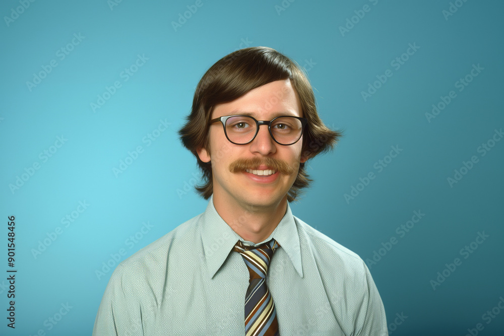 Wall mural Professional headshot of young man with glasses and mustache in business attire against blue background