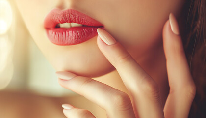Naklejka premium Sensual Close-Up of Woman's Lips and Fingers with Soft Red Lipstick and Nude Manicured Nails