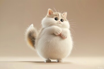 Fototapeta premium An isolated chubby cute fluffy cat with a fat belly, standing on two legs. In a 3D cute cartoon style 