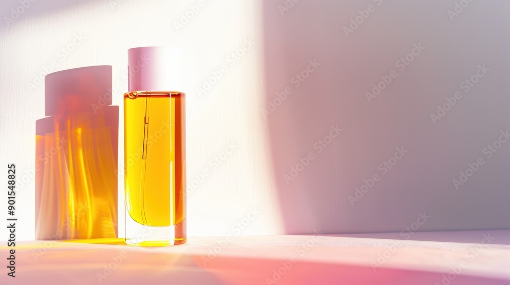 Poster perfume bottle casting long shadow on white surface with empty space for branding