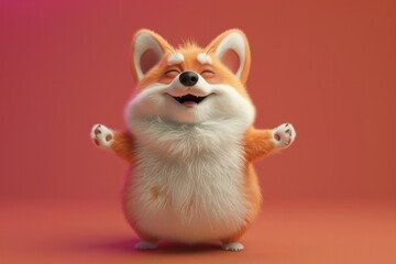 Fototapeta premium An isolated chubby cute fluffy corgi dog with a fat belly, standing on two legs. In a 3D cute cartoon style 
