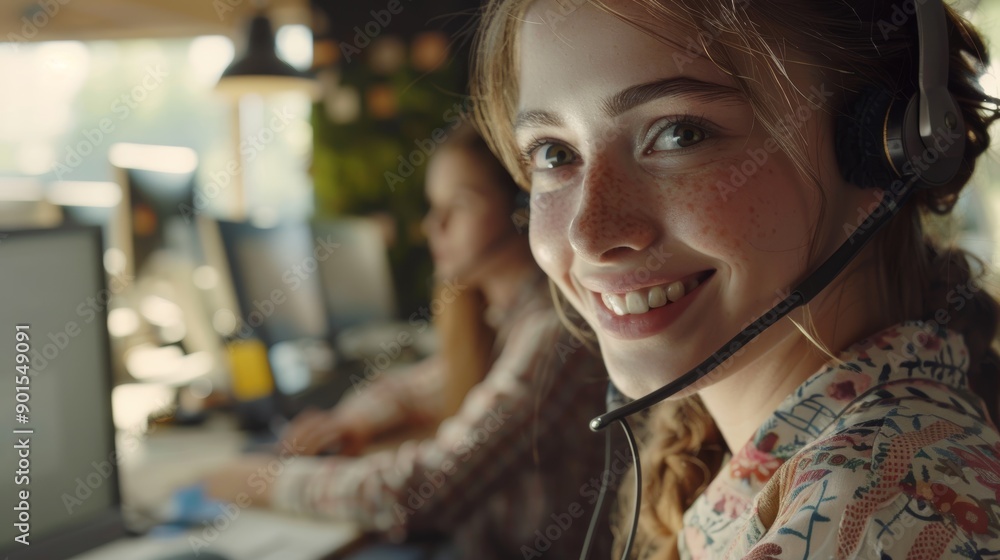 Poster a nice consultant woman using a computer in a communications company. insurance salesman smiling on 