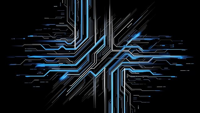 Abstract black background with lines and blue ts that depicts technological advancement