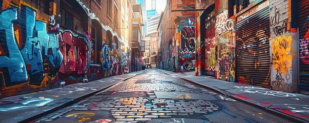 Graffiti-covered alleyway in a city, with vibrant colors and a sense of urban life.