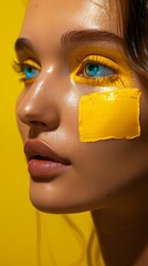 Paint on face, makeup, or creative art on brown studio background. Canadian female model with red lips and yellow eyeshadow, fashion cosmetics, and self-expression.