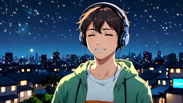 Anime boy with headphones enjoying music under a starry night sky in a cityscape. Seamless looping 4k time-lapse animation video background