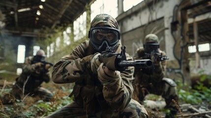 Obraz premium Teamwork, shooting, and war game performance with eyesight, mask, or tactical plan for competition safety. Army training, teambuilding, weapons, combat, and buddies outdoors