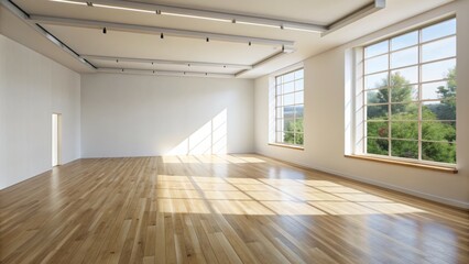 Fototapeta premium Minimalist empty studio room with plain white walls, wooden flooring, and abundant natural light, providing a clean copyspace background for creative projects.