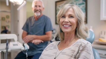 Fototapeta premium Photograph of happy woman having eye exam at optometrist with smile. Optician checks vision, iris, or retina for elderly consumer.