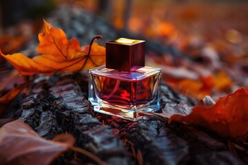 Perfume Bottle on Tree Bark with Autumn Leaves in Background, Glass Rectangular Shape with Dark Red Cap, Impressionist Style with Red and Purple Tones