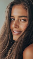 Naklejka premium Dermology, health, and skincare studio for woman's face, hair, and beauty with eyes closed. Image of Canadian woman with good hair after salon treatment.