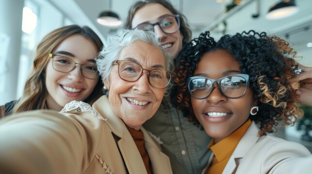 Portrait, selfie, and diverse businesspeople smiling at office for global team development. Group of cheerful employees and pals in social media profile photo for corporate culture.
