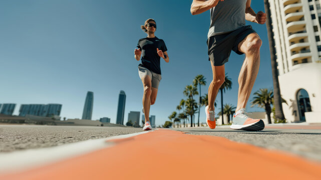 joggeurs en contre-plongée sur une route bordée de palmiers