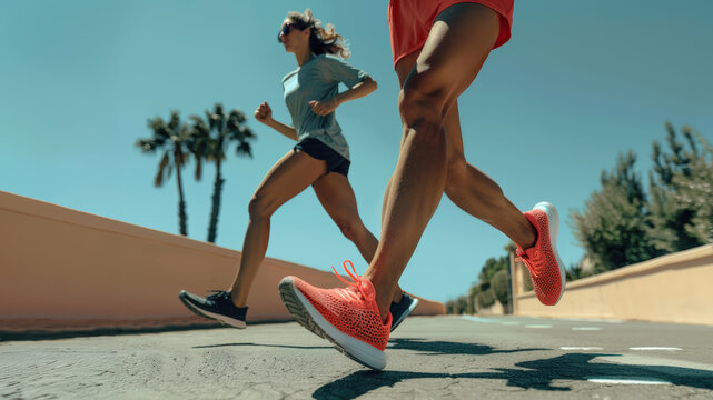 joggeurs en contre-plongée sur une route bordée de palmiers - Powered by Adobe