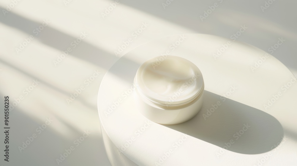 Poster container of moisturizing face cream sits open on a white surface, with sunlight creating shadows