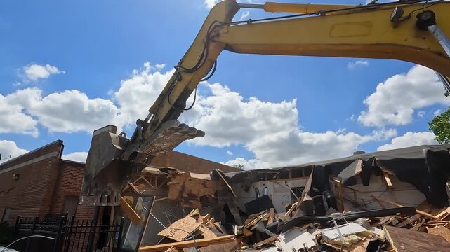 Hydraulic excavator demolishes a building. Industrial equipment with large claw destroys the side of a brick building. Sunny skies and clouds above the scene. Slow motion views.