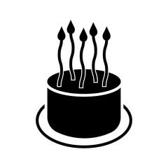 Illustration showing a black icon of a birthday cake and candles on a white background