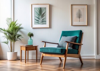 Wooden chair with teal cushion against white wall with art poster frame. Mid-century style home interior design of modern living room.