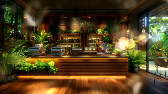 Modern cafe interior with wooden bar counter and tropical plants.