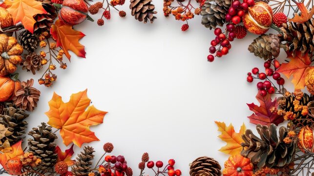 autumn wreath design, thanksgiving wreath with autumn leaves, berries, and pinecones, surrounding a banner, featuring a free area for decoration
