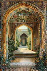 Ancient Persian Palace Frame with intricate mosaics, golden arches, and lush gardens. 