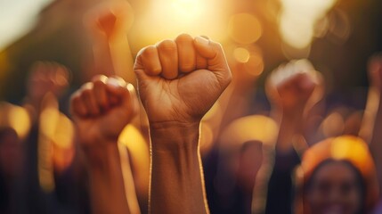Powerful Display of Unity and Strength with Raised Fists in Sunlit Background