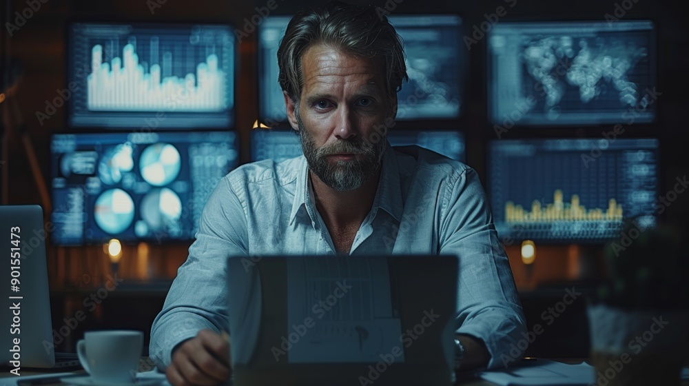 Poster digital analyst working late at night surrounded by multiple screens in modern office. generative ai